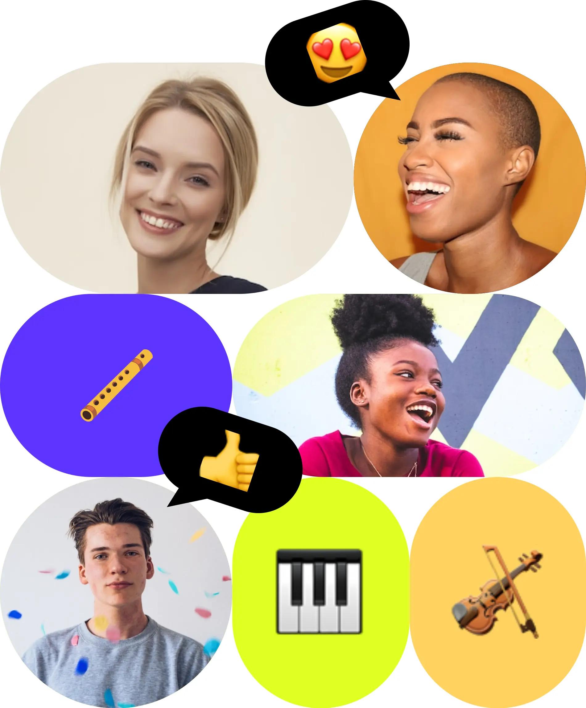 Music learners with flute, piano, and violin illustrations
